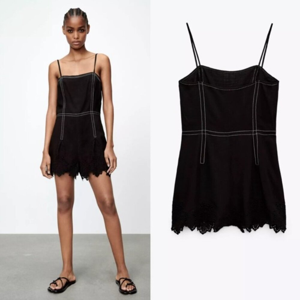 NWT ZARA‎ Short Jumpsuit Topstitching Eyelet Embroidery Hem Straps 7200/113 XS